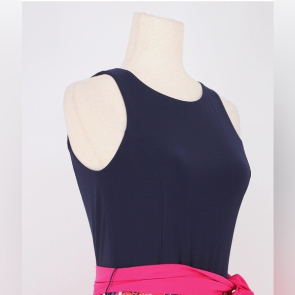 ELIZA J Paisley Scarf Print Belted Maxi Dress Size 6 Navy Pink Jersey Summer Fun - Picture 3 of 9